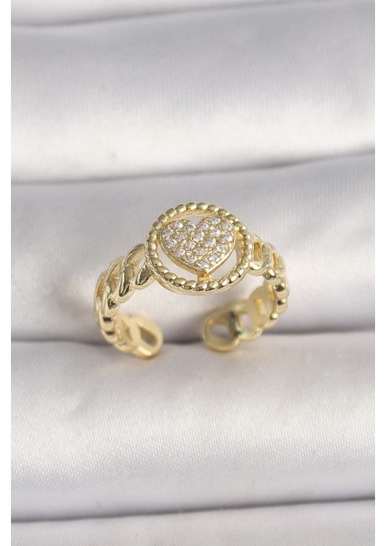 Bfs Pirinç Gold Renk Ayarlanabilir Zirkon Taşlı Kalp Model Kadın Yüzük