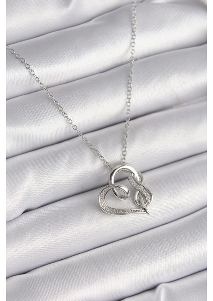Bfs 316L Çelik Gümüş Renk Zincir Zirkon Taş Detaylı Kalp Model Sonsuzluk Detay Kadın Kolye