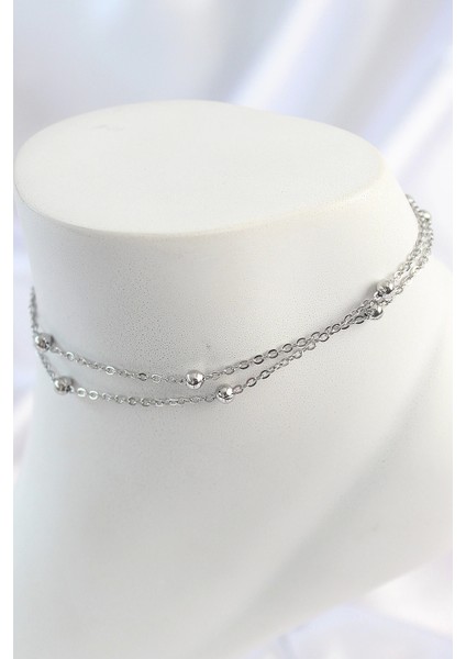 Bfs 316L Çelik Gümüş Renk 2'li Topçuk Detay Zincir Model Kadın Halhal