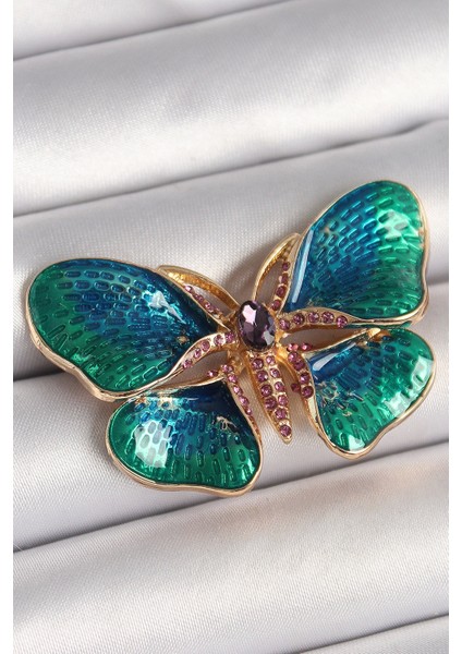 Bfs Pirinç Gold Renk Turquaz Model Zirkon Taş Detaylı Kelebek Model Kadın Broş