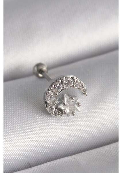 Bfs 316L Çelik Gümüş Renk Zirkon Taşlı Ay Yıldız Tragus Piercing