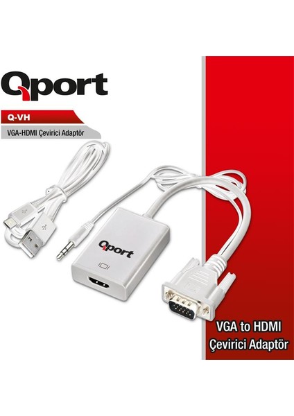 Qport Q-Vh VGA To HDMI Dönüştürücü + Ses Kablosu (Vga+Hdmı)