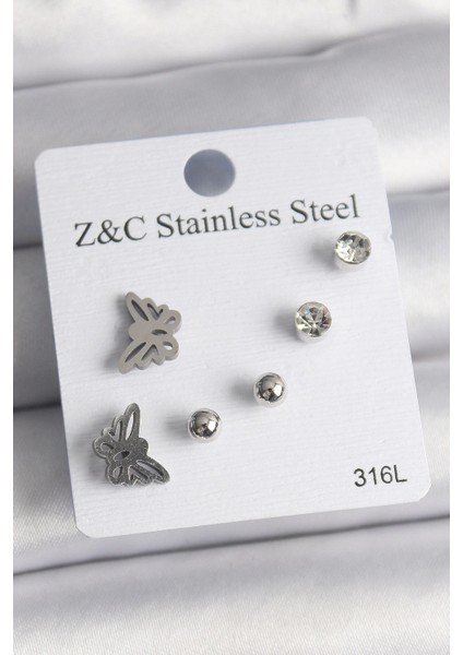 316L Çelik Gümüş Renk Zirkon Taşlı Kelebek Model Kadın Küpe Seti - TJ-BKP10008