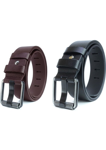 2'li Erkek Deri Siyah Açma Borulu 4,5 cm Kot Kemeri