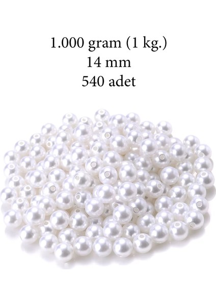 1.000 Gram (1 Kg.) 14 mm Beyaz Renk Plastik Inci Boncuk Çanta ve Takı Yapım Boncuğu (~540 Adet)