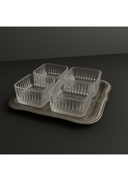 Tepsili 5 Parca Kare Çerezlik Takımı-Cam-Gumus Renk Tepsi