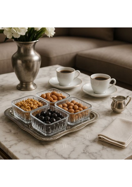Tepsili 5 Parca Kare Çerezlik Takımı-Cam-Gumus Renk Tepsi fiyatları