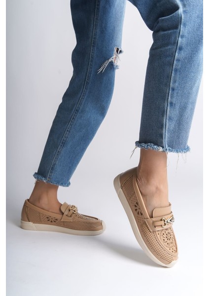 Lıly Bağcıksız Ortopedik Rahat Taban Çiçek Desenli Kadın Babet Ayakkabı Ckt - Ten