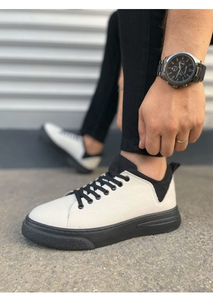 JY204 Flex Bağcıklı Keten Kumaş Erkek Günlük Sneaker Ayakkabı Kst - Beyaz/siyah modelleri