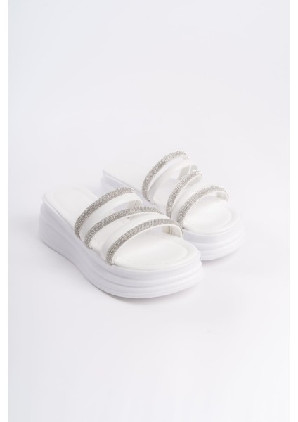 Elıse Düz Topuklu Şeritli Taşlı Kalın ve Ortopedik Taban Kadın Terlik Cbt - Beyaz fırsatları