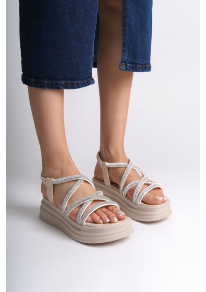 Elena Lastikli Taşlı Şeritli Ortopedik Taban Kadın Sandalet Ckt - Krem