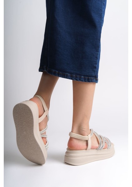 Elena Lastikli Taşlı Şeritli Ortopedik Taban Kadın Sandalet Ckt - Krem modelleri