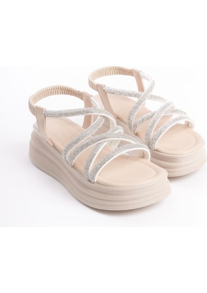 Elena Lastikli Taşlı Şeritli Ortopedik Taban Kadın Sandalet Ckt - Krem fırsatları