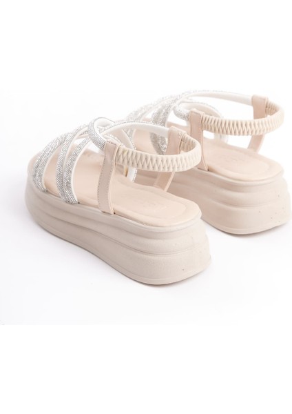 Elena Lastikli Taşlı Şeritli Ortopedik Taban Kadın Sandalet Ckt - Krem indirimleri