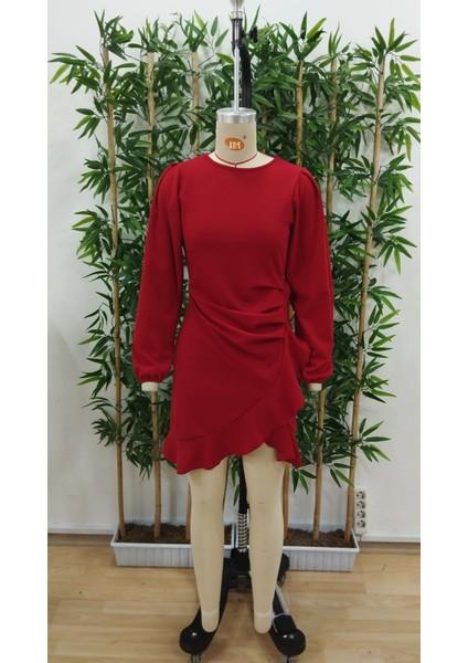 Kadın Uzun Kollu Bisiklet Yaka Önden Volanlı Ithal Krep Elbise