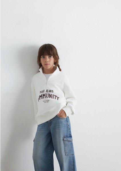 Baskılı Yarı Fermuarlı Ekru Sweatshirt 7S10130-70057 fiyatları