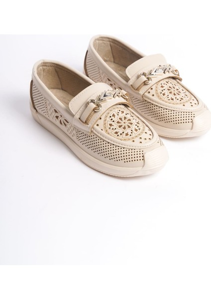 Lıly Bağcıksız Ortopedik Rahat Taban Çiçek Desenli Kadın Babet Ayakkabı Ckt - Krem fırsatları