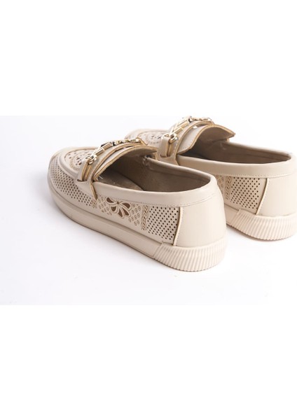 Lıly Bağcıksız Ortopedik Rahat Taban Çiçek Desenli Kadın Babet Ayakkabı Ckt - Krem indirimleri