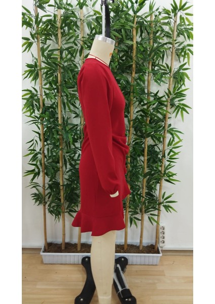 Eyesof Kadın Uzun Kollu Bisiklet Yaka Önden Volanlı Ithal Krep Elbise