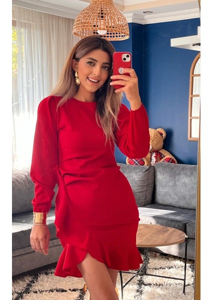 Eyesof Kadın Uzun Kollu Bisiklet Yaka Önden Volanlı Ithal Krep Elbise