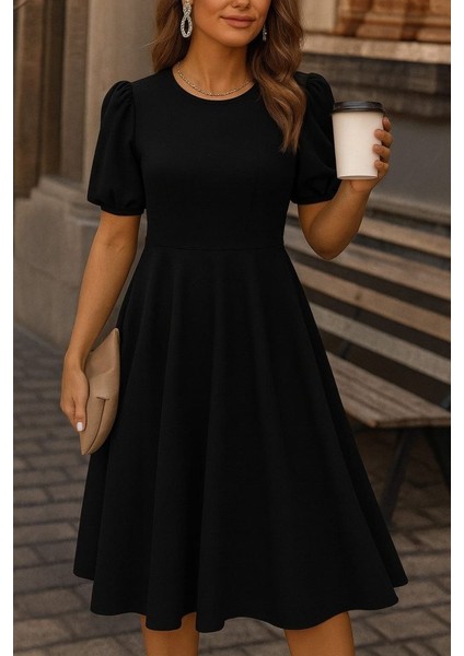 Kadın Kısa Balon Kollu Bisiklet Yaka Geniş Kesim Janjan Krep Elbise