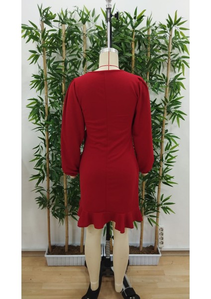 Kadın Uzun Kollu Bisiklet Yaka Önden Volanlı Ithal Krep Elbise