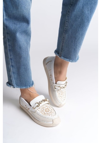 Lıly Bağcıksız Ortopedik Rahat Taban Çiçek Desenli Kadın Babet Ayakkabı Ckt - Beyaz