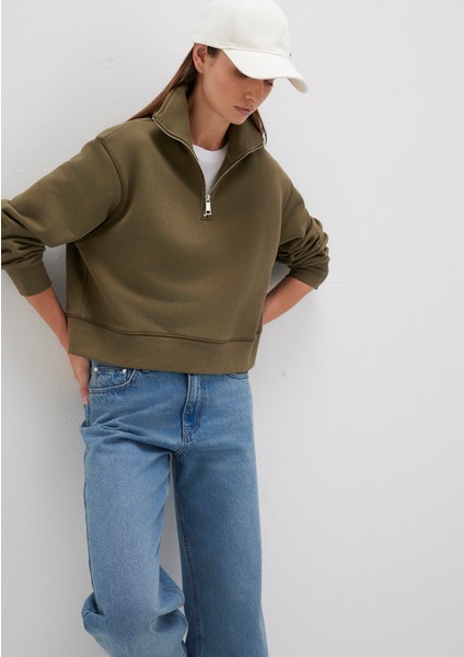 Yarı Fermuarlı Haki Sweatshirt 1S10391-71589