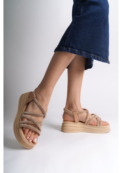 Elena Lastikli Taşlı Şeritli Ortopedik Taban Kadın Sandalet Ctt - Ten fiyatları