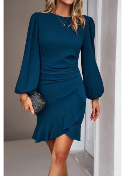 Eyesof Kadın Uzun Kollu Bisiklet Yaka Önden Volanlı Ithal Krep Elbise modelleri