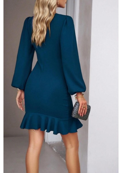 Eyesof Kadın Uzun Kollu Bisiklet Yaka Önden Volanlı Ithal Krep Elbise indirimleri