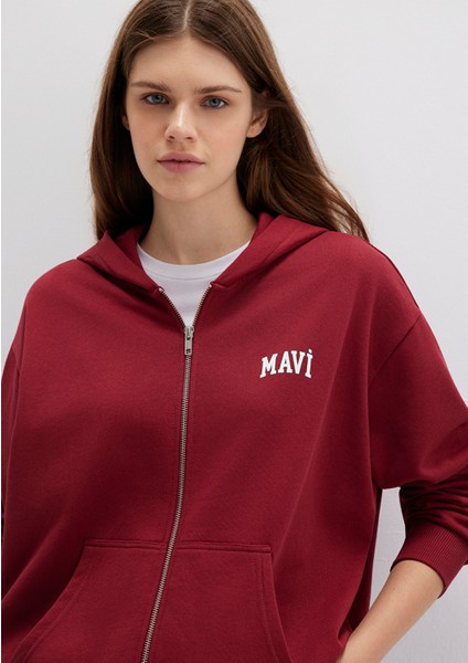 Mavi Logo Baskılı Kapüşonlu Fermuarlı Bordo Sweatshirt 1S10178-85493