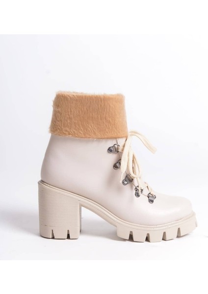 Emma Bağcıklı Fermuarlı Ortopedik Taban Topuklu Kürk Detaylıkadın Bot Ckt - Krem