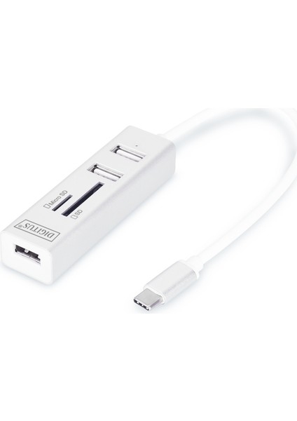 Digitus USB 2.0 Tip C 3 Port Hub, Kart Okuyucu, 3 x USB 2.0. 1 x Sd, 1 x Microsd Kart Yuvası, Alüminyum