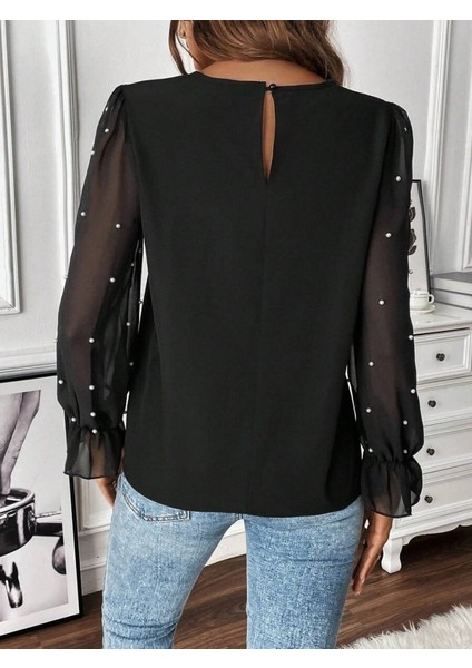 Kadın Uzun Kollu Bisiklet Yaka Tül Detaylı Incili Ithal Krep Bluz indirimleri