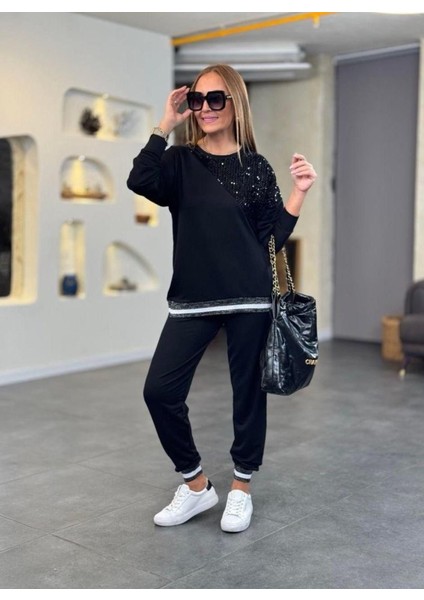 Kadın Modal Kumaş Payetli Sim ve Ribanalı Detay Ikili Takım modelleri