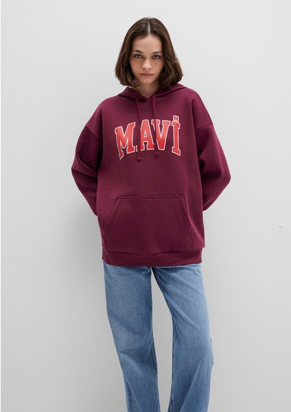 Mavi Logo Baskılı Kapüşonlu Bordo Sweatshirt 1600361-90705