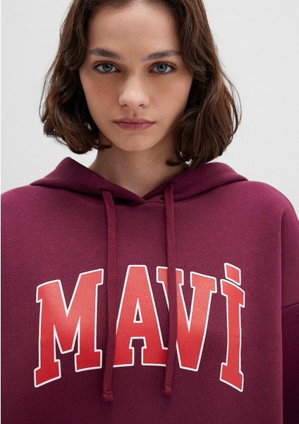 Mavi Logo Baskılı Kapüşonlu Bordo Sweatshirt 1600361-90705