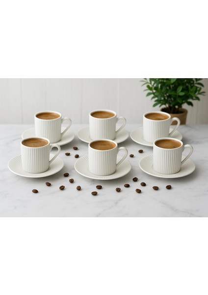 6 Lı Kahve Fıncan Takımı -70 ml Modern Beyaz Porselen-Çizgili modelleri