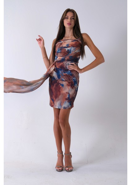 Saks Midi Boy Desenli Tül Şifon Abiye 0802002.26