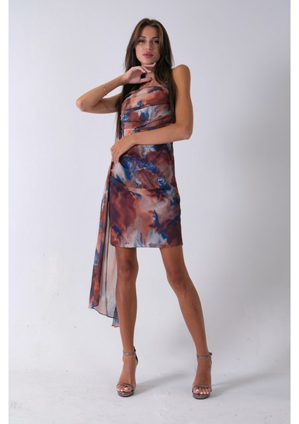 Saks Midi Boy Desenli Tül Şifon Abiye 0802002.26 modelleri