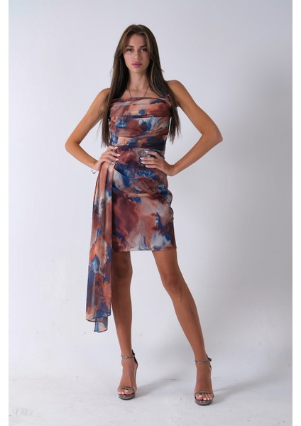 Saks Midi Boy Desenli Tül Şifon Abiye 0802002.26