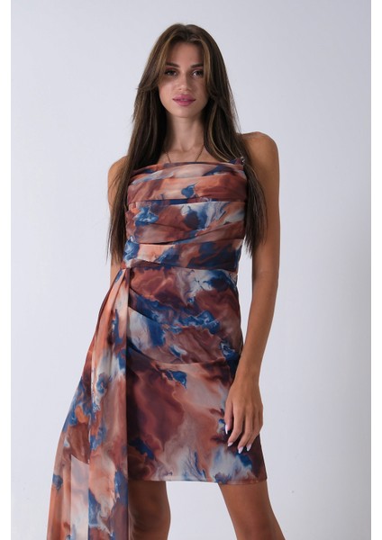 Saks Midi Boy Desenli Tül Şifon Abiye 0802002.26