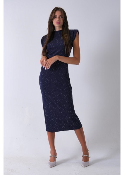 Lacivert Büzgülü Üzeri Taş Detaylı Elbise 03050336.02
