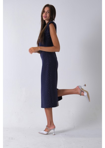 Lacivert Büzgülü Üzeri Taş Detaylı Elbise 03050336.02