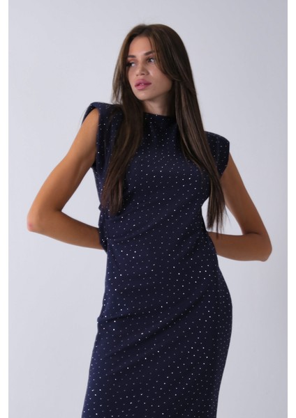 Lacivert Büzgülü Üzeri Taş Detaylı Elbise 03050336.02