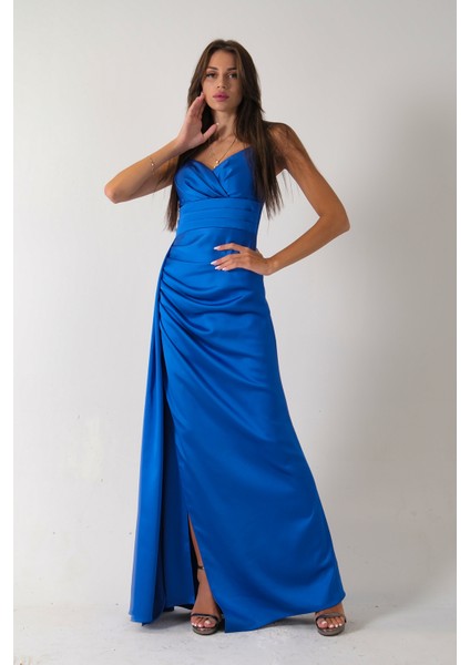 Saks Gümüş Askı Detaylı Yırtmaçlı Straplez Abiye 0801023.26