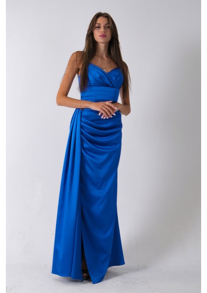 Saks Gümüş Askı Detaylı Yırtmaçlı Straplez Abiye 0801023.26 modelleri