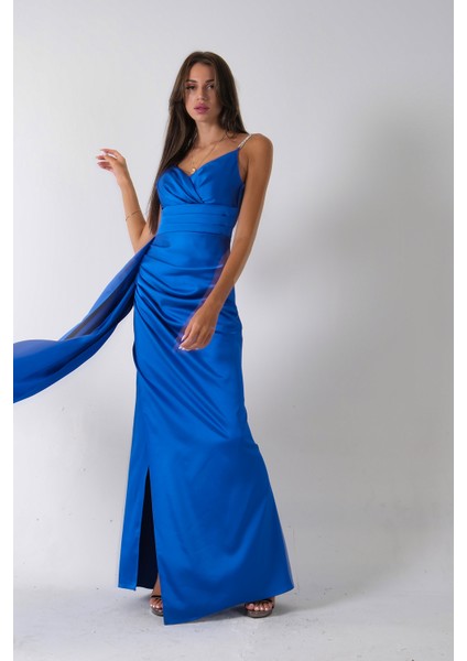 Saks Gümüş Askı Detaylı Yırtmaçlı Straplez Abiye 0801023.26