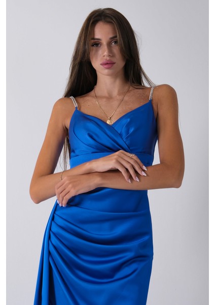 Saks Gümüş Askı Detaylı Yırtmaçlı Straplez Abiye 0801023.26